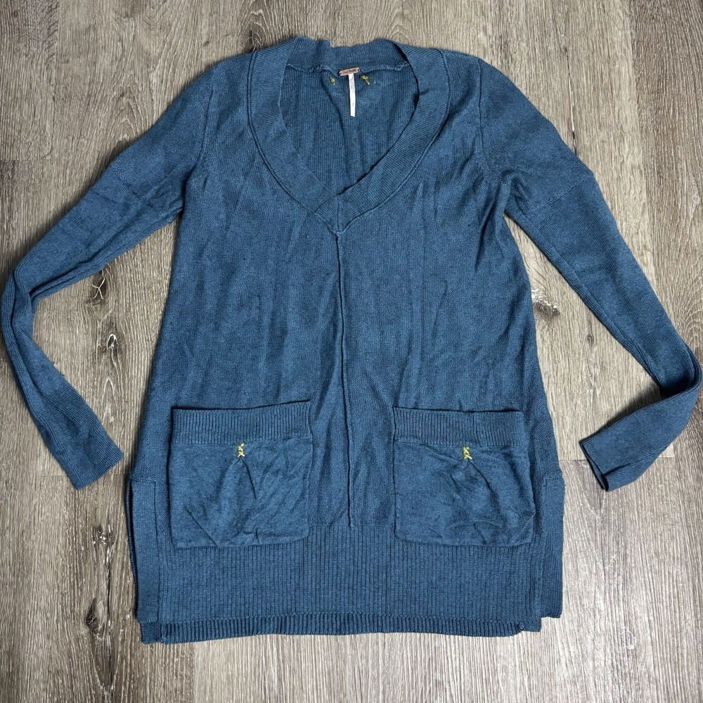 Free People Womens S Tunic Sweater Teal V Neck Pullover‎ Pockets BOHO